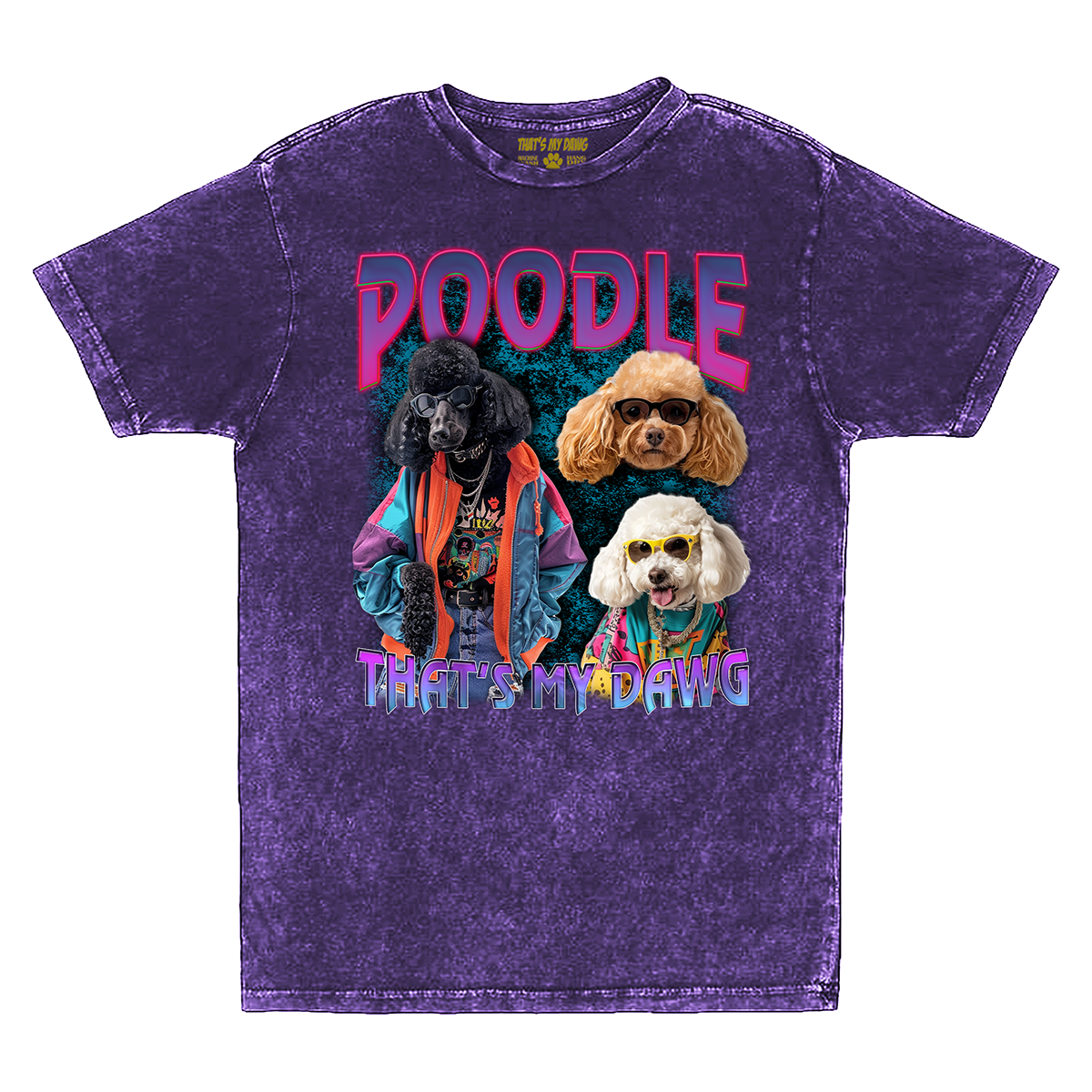 a purple t - shirt with two poodles on it