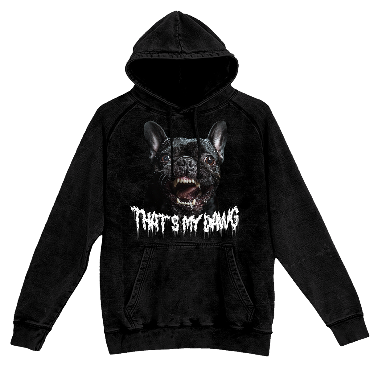 a black hoodie with a picture of a dog on it