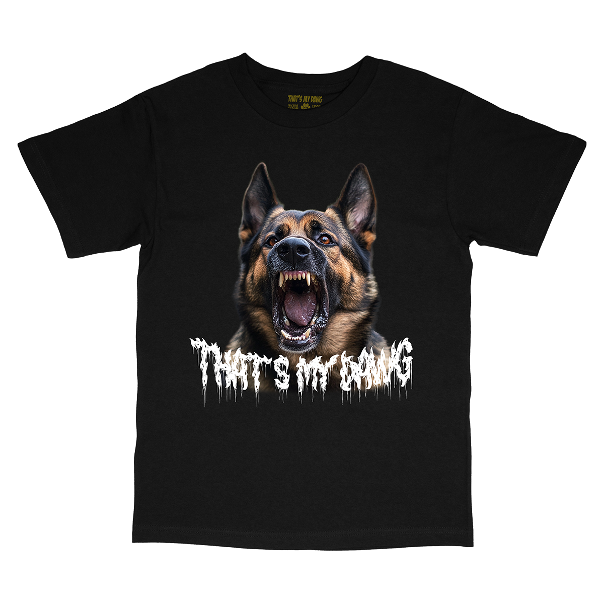 a black t - shirt with an image of a dog with its mouth open
