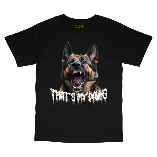 a black t - shirt with an image of a dog with its mouth open