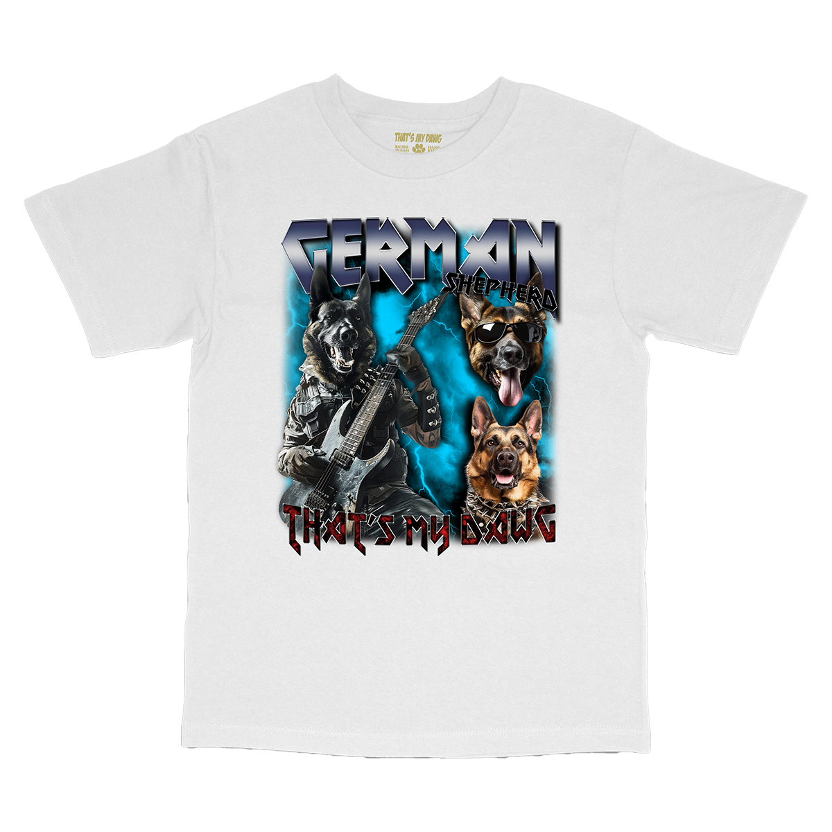 a white t - shirt with a picture of two dogs on it