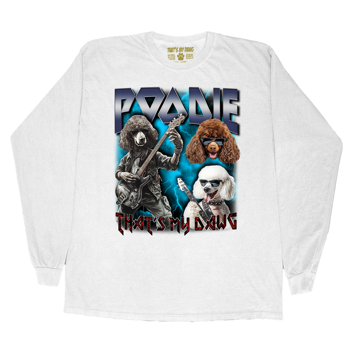 a white long sleeve shirt with a picture of poodles on it