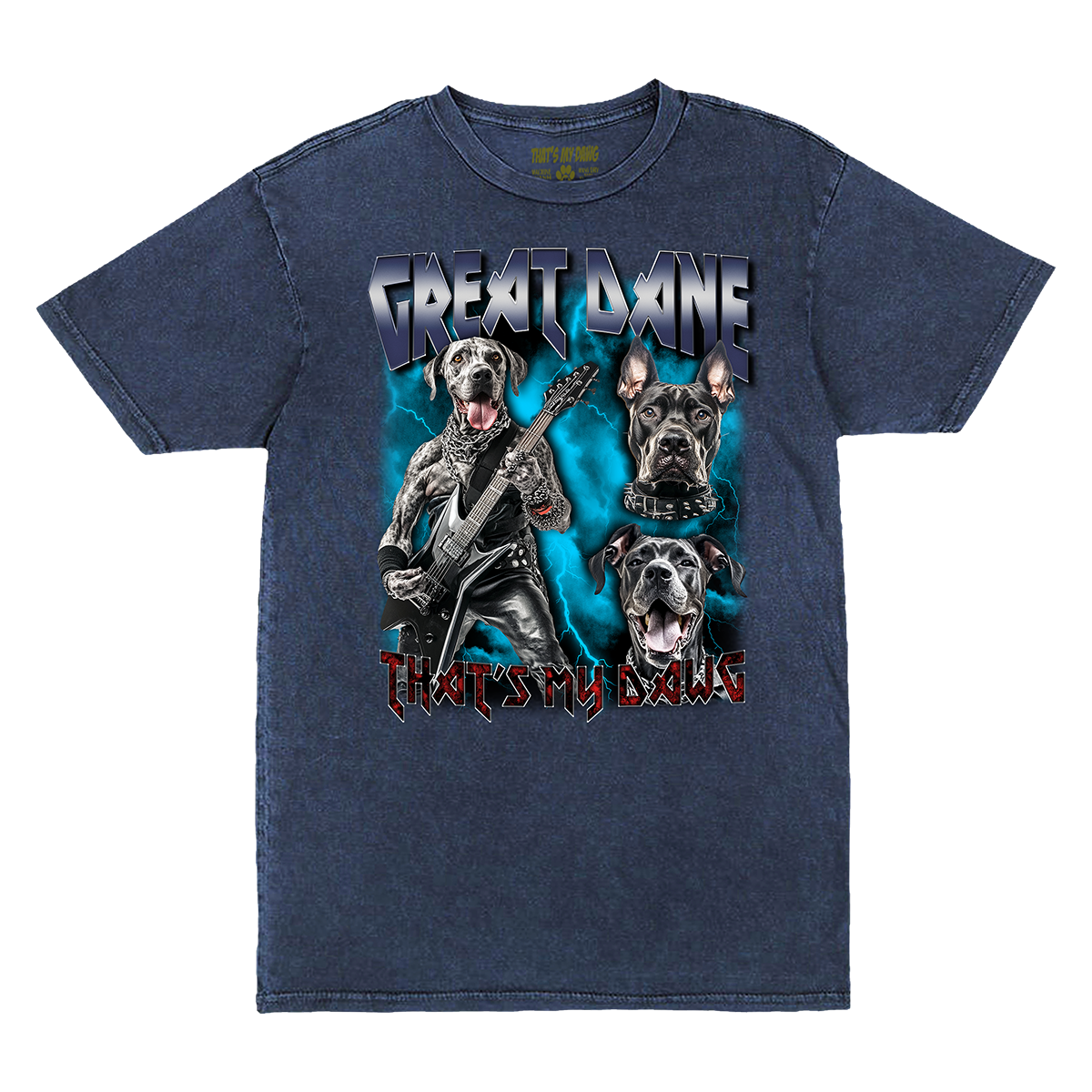 a blue t - shirt with two dogs playing guitar