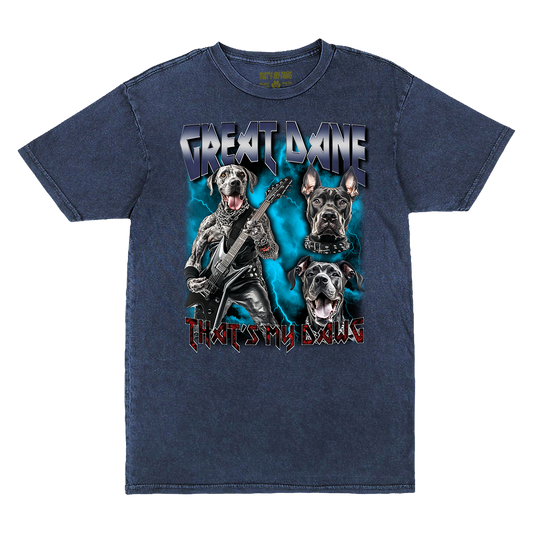 a blue t - shirt with two dogs playing guitar
