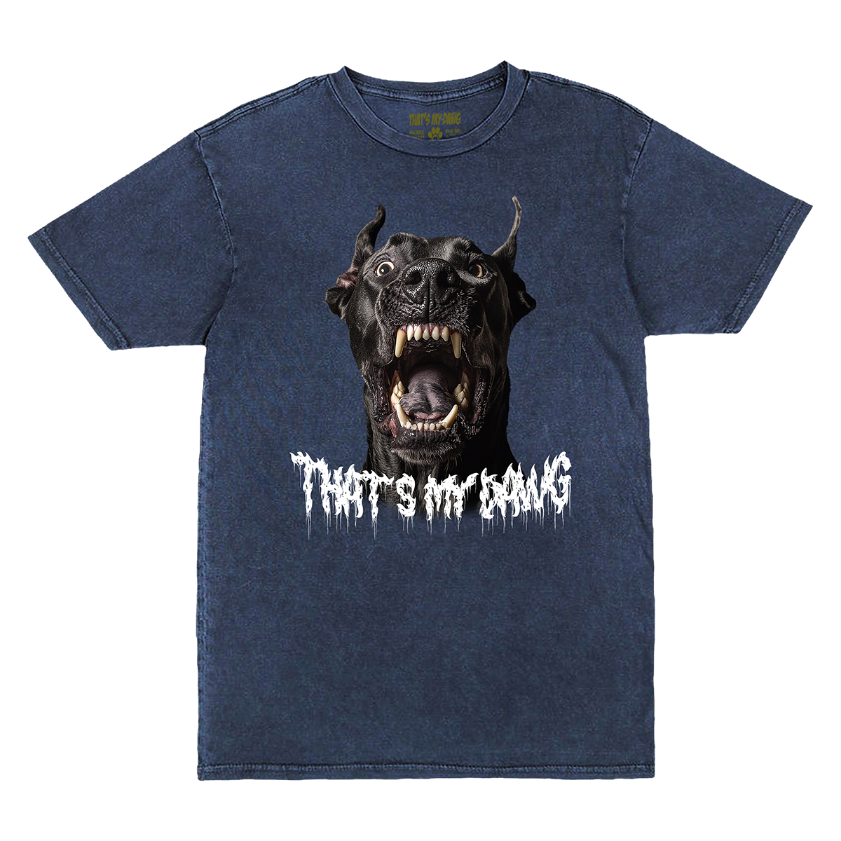 a t - shirt with an image of a dog's head and the words