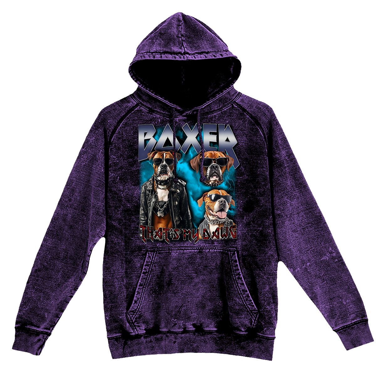 a purple hoodie with two dogs on it