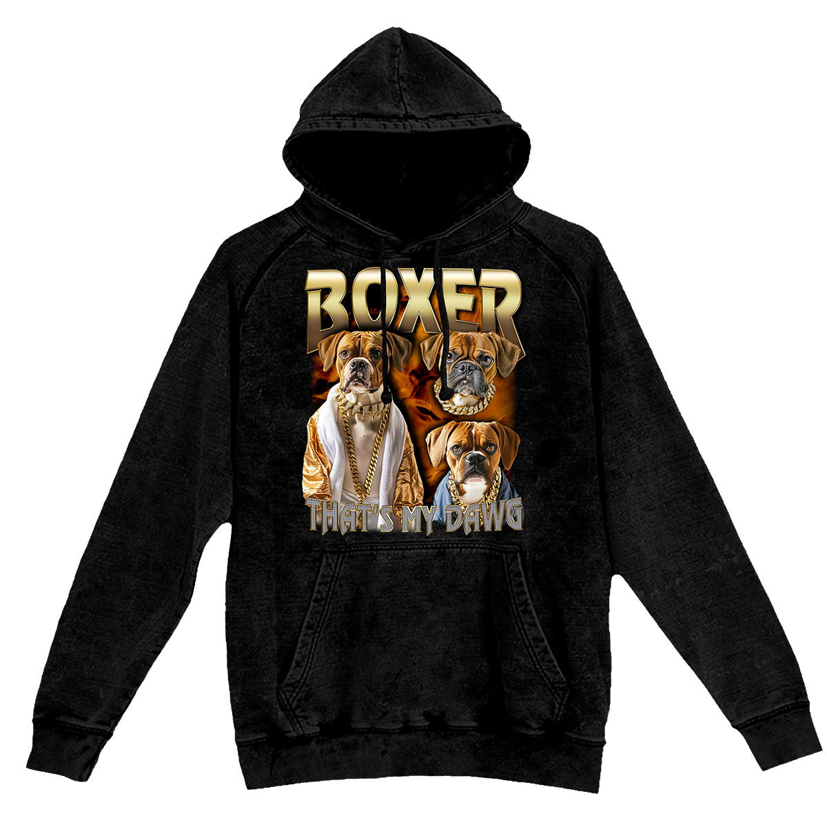 a black hoodie with a picture of two dogs on it