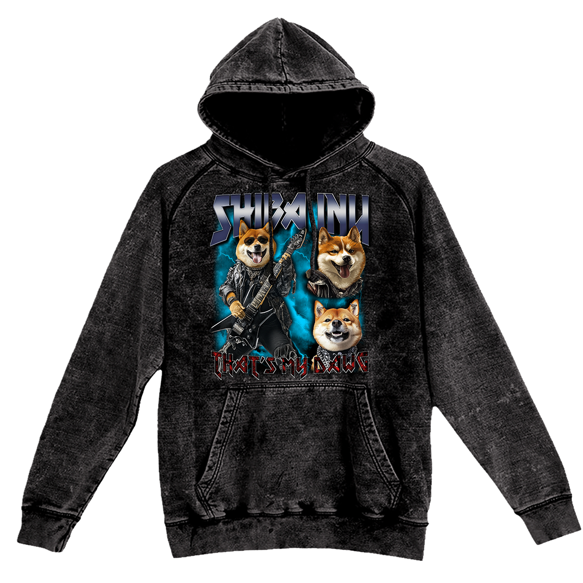 a black hoodie with a picture of two dogs on it
