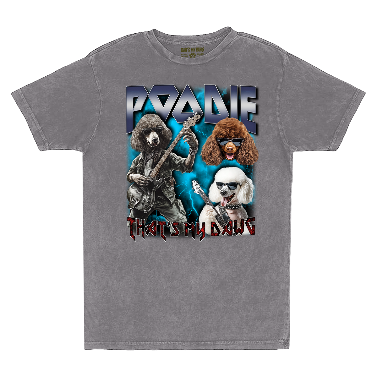 a gray t - shirt with a picture of dogs and a guitar player