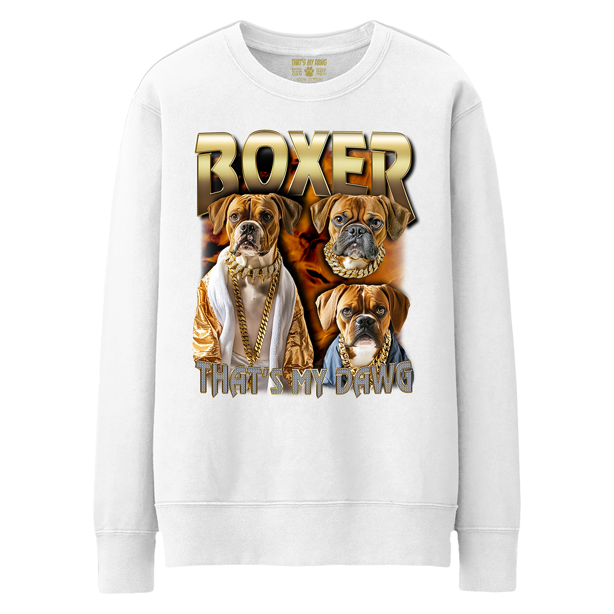 a white sweatshirt with two boxer dogs on it