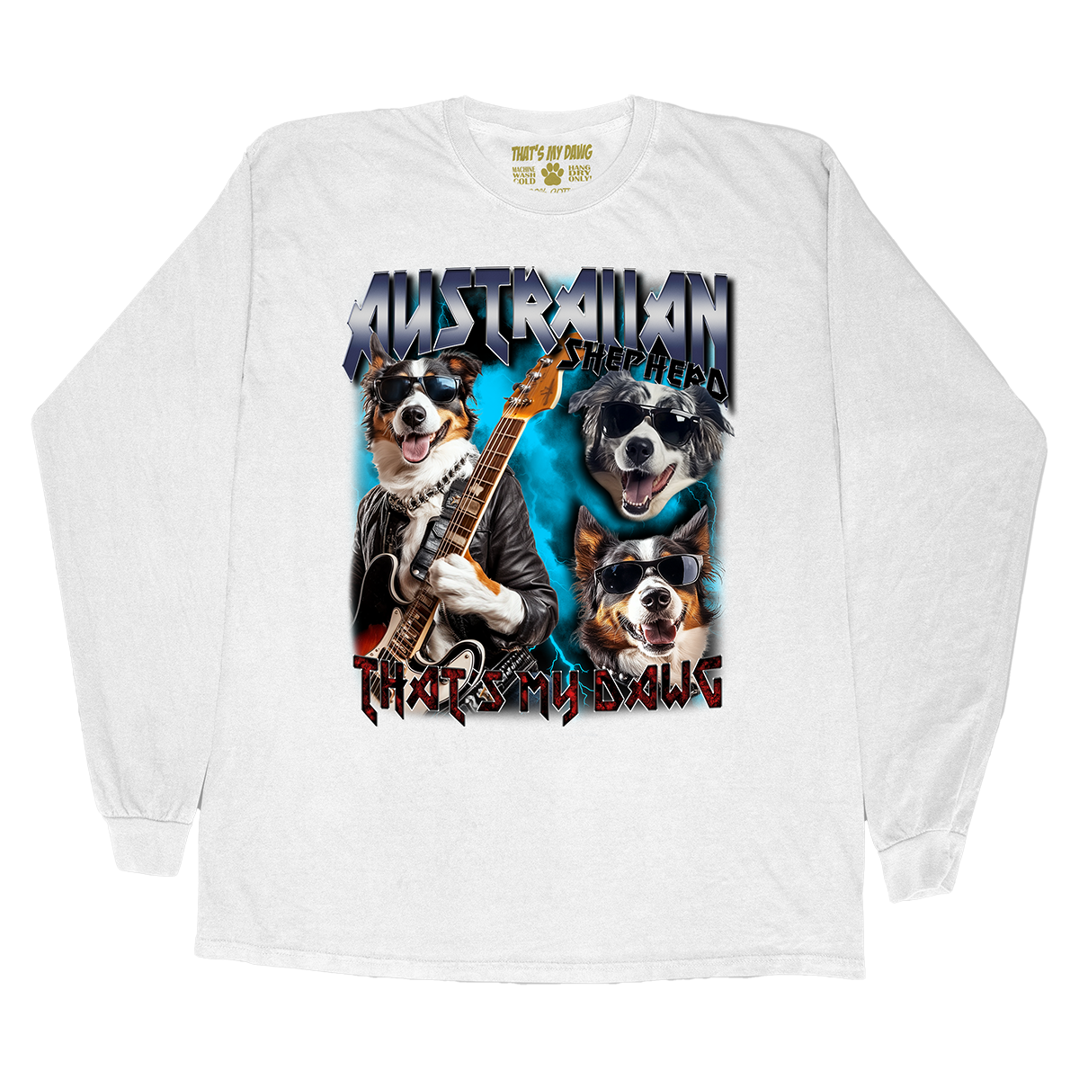 a white long sleeve shirt with a picture of dogs playing guitar