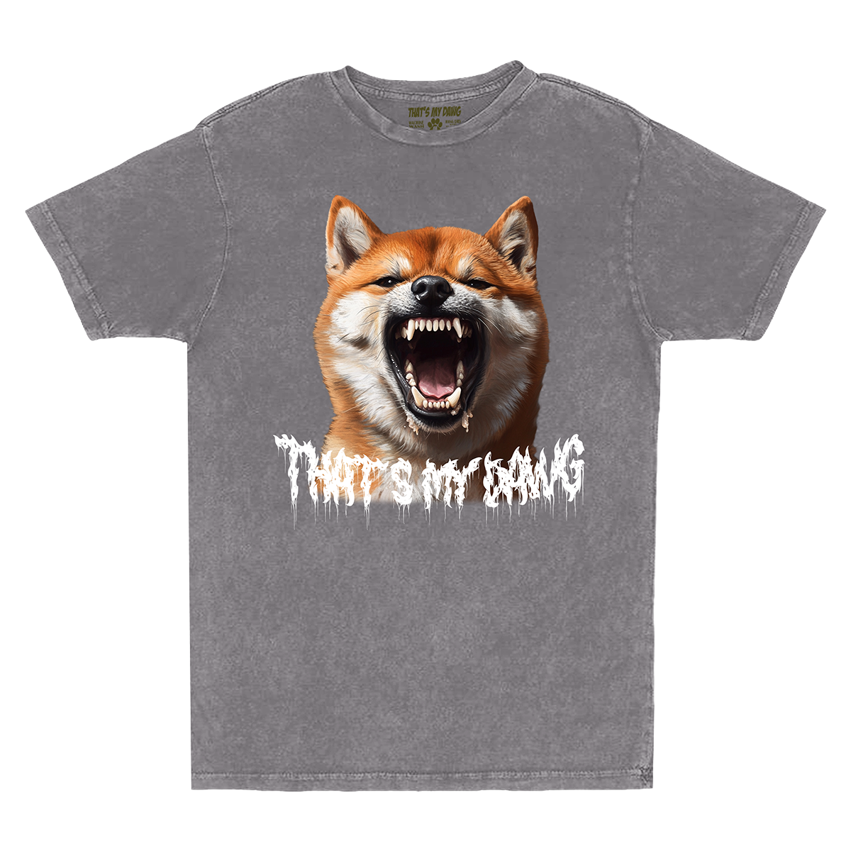 a grey t - shirt with an image of a dog with its mouth open