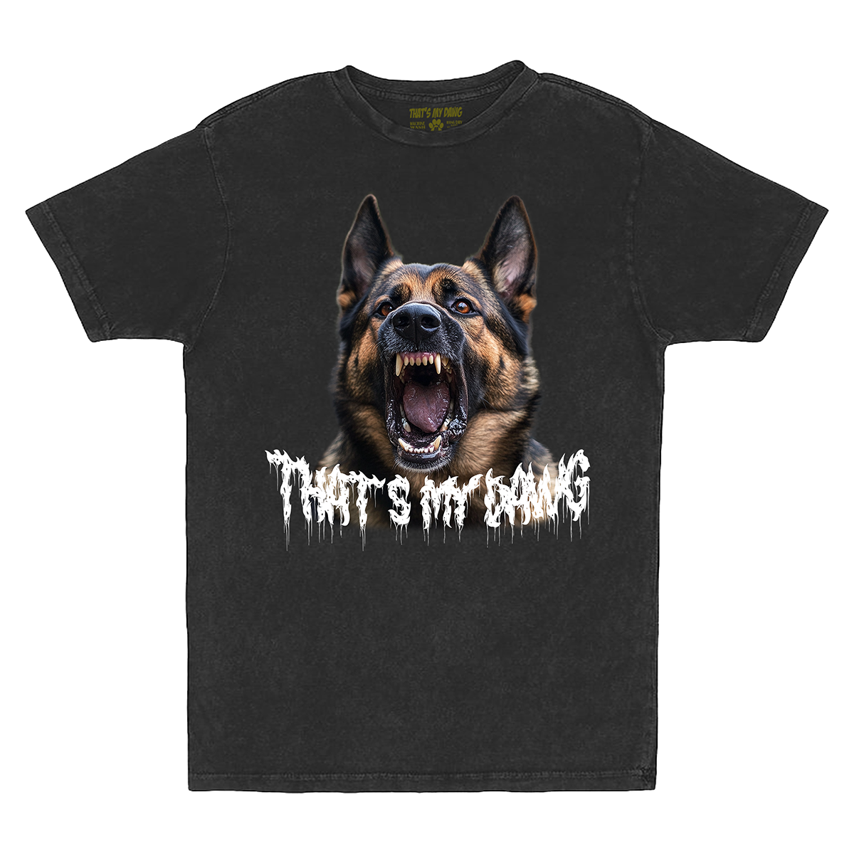a black t - shirt with an image of a dog that says, that '