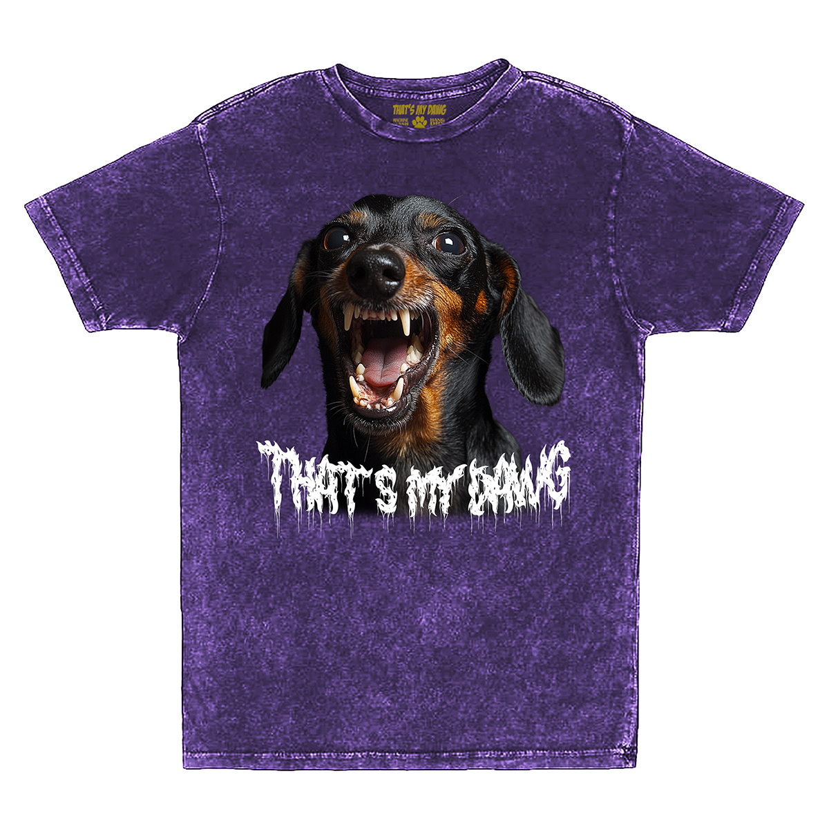 a purple t - shirt with a picture of a dog that says that's