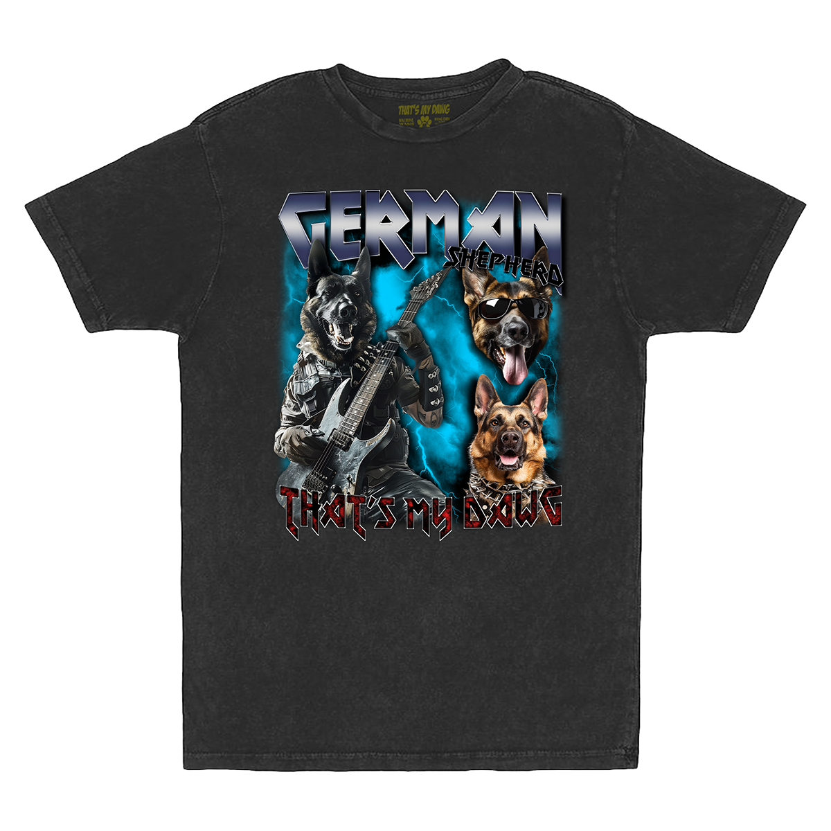 a black t - shirt with two dogs playing guitars