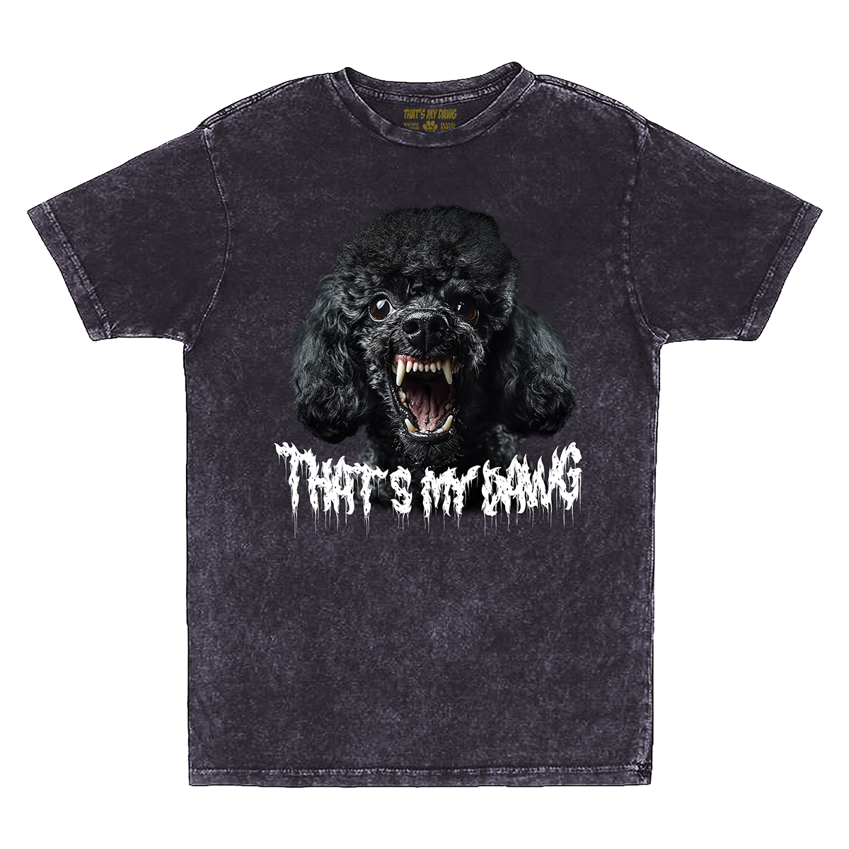 a black t - shirt with a black poodle's face and the words
