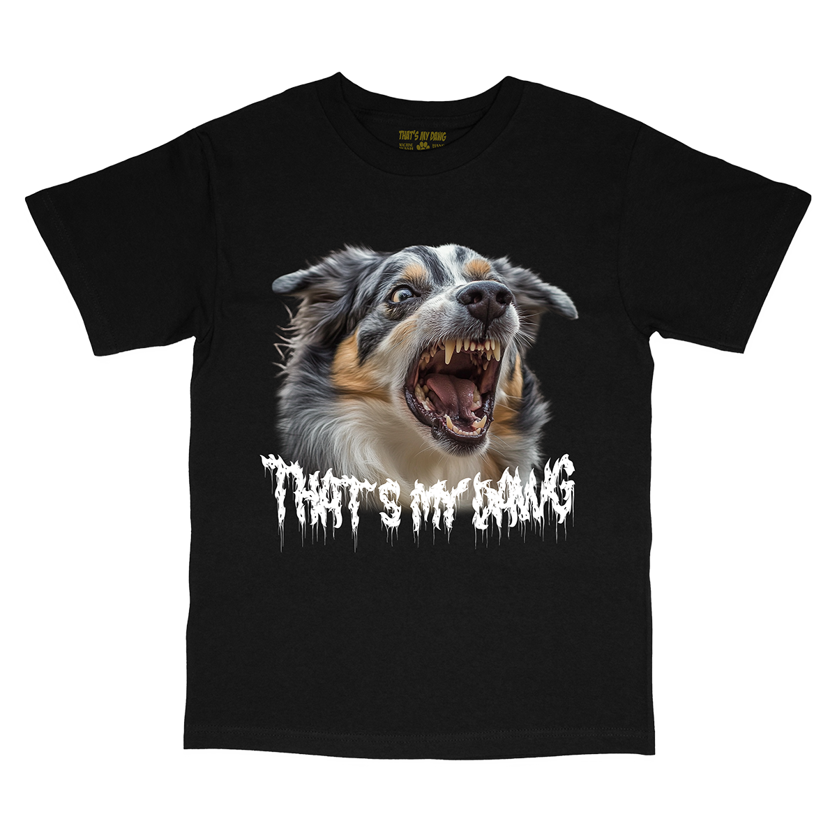 a black t - shirt with an image of a dog with its mouth open