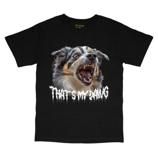 a black t - shirt with an image of a dog with its mouth open