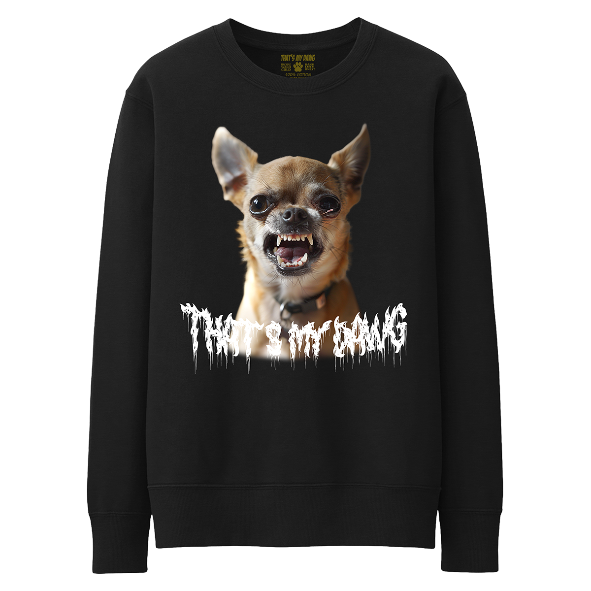 a black sweatshirt with a picture of a dog with teeth
