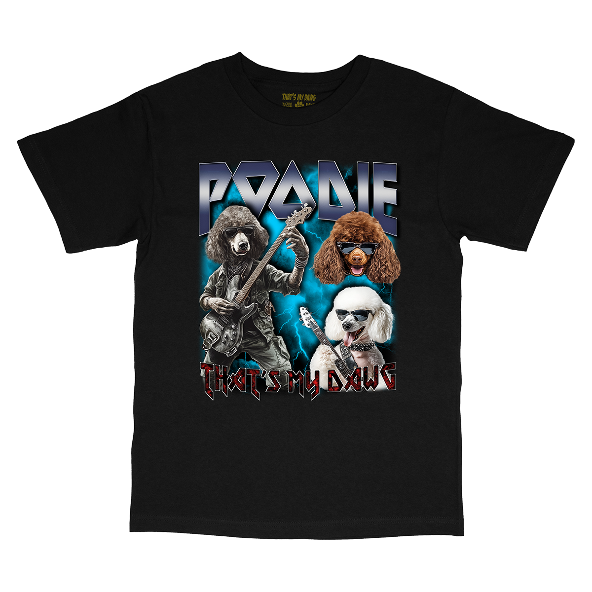 a black t - shirt with a picture of dogs and a guitar player