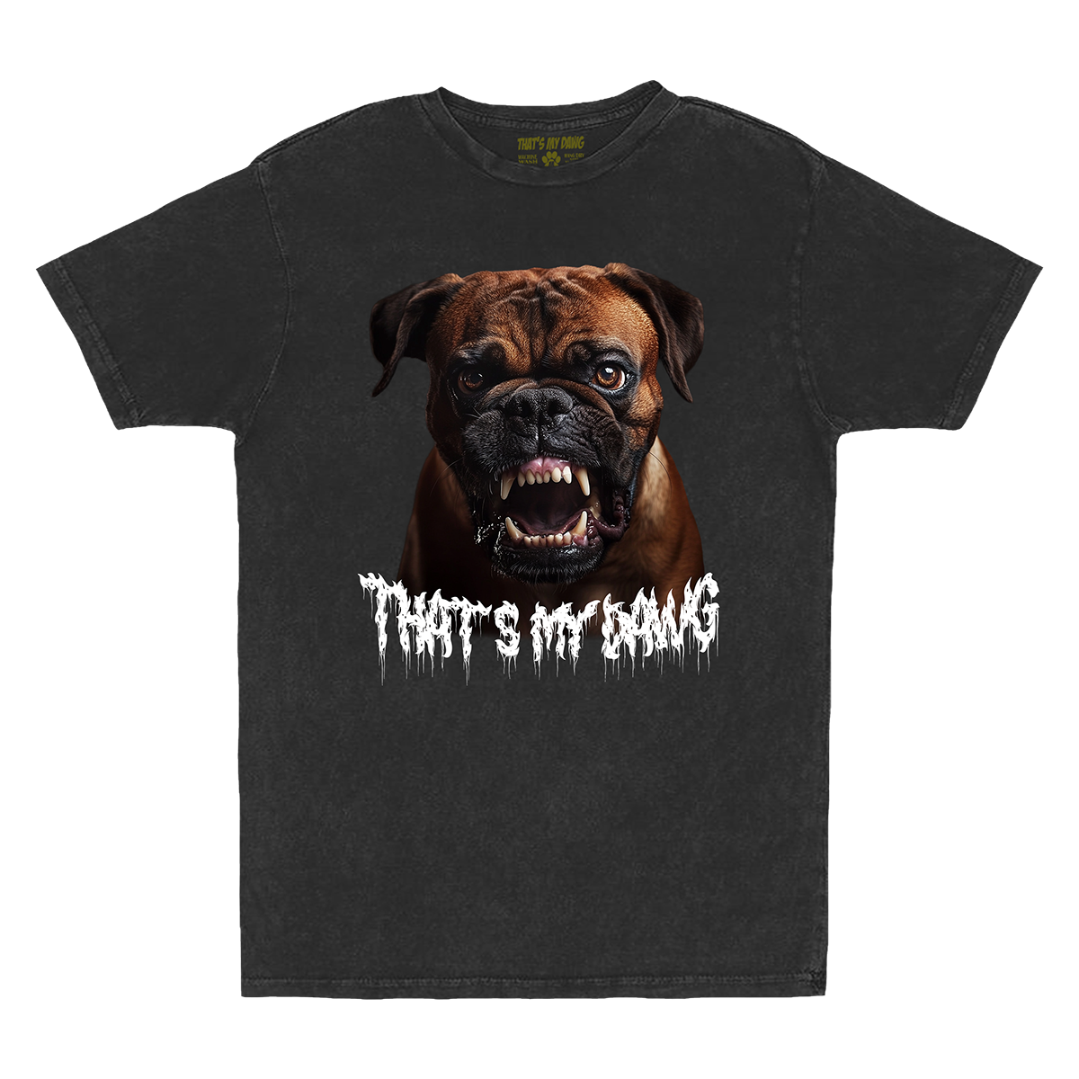 a black t - shirt with an image of a dog's face and the