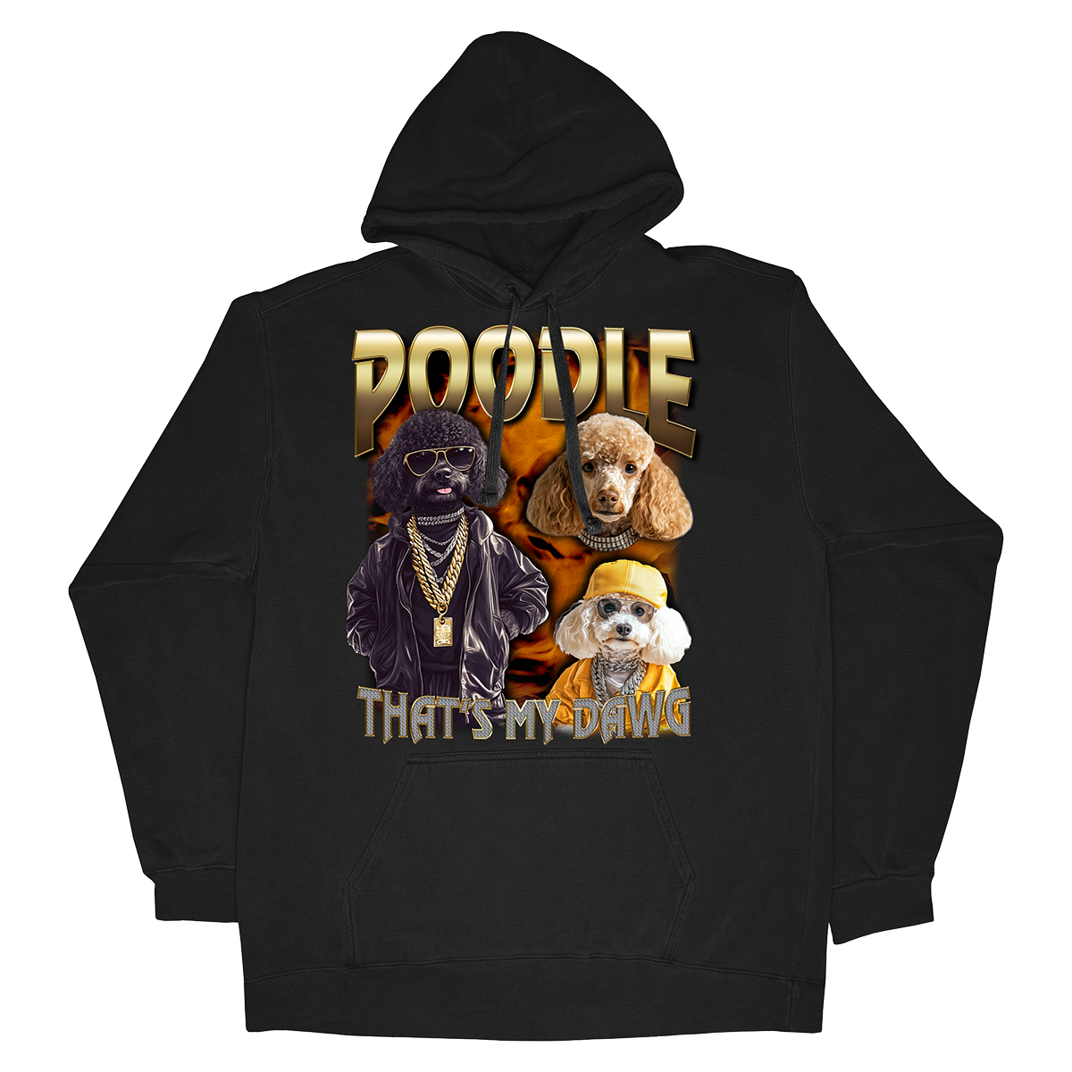 a black hoodie with two poodles on it
