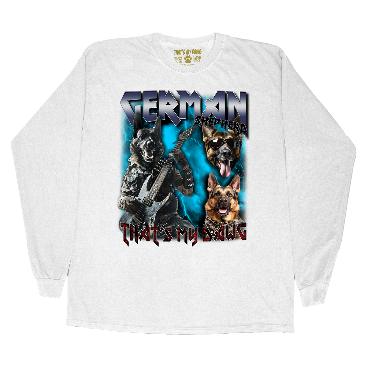 a white shirt with a picture of two dogs and a guitar
