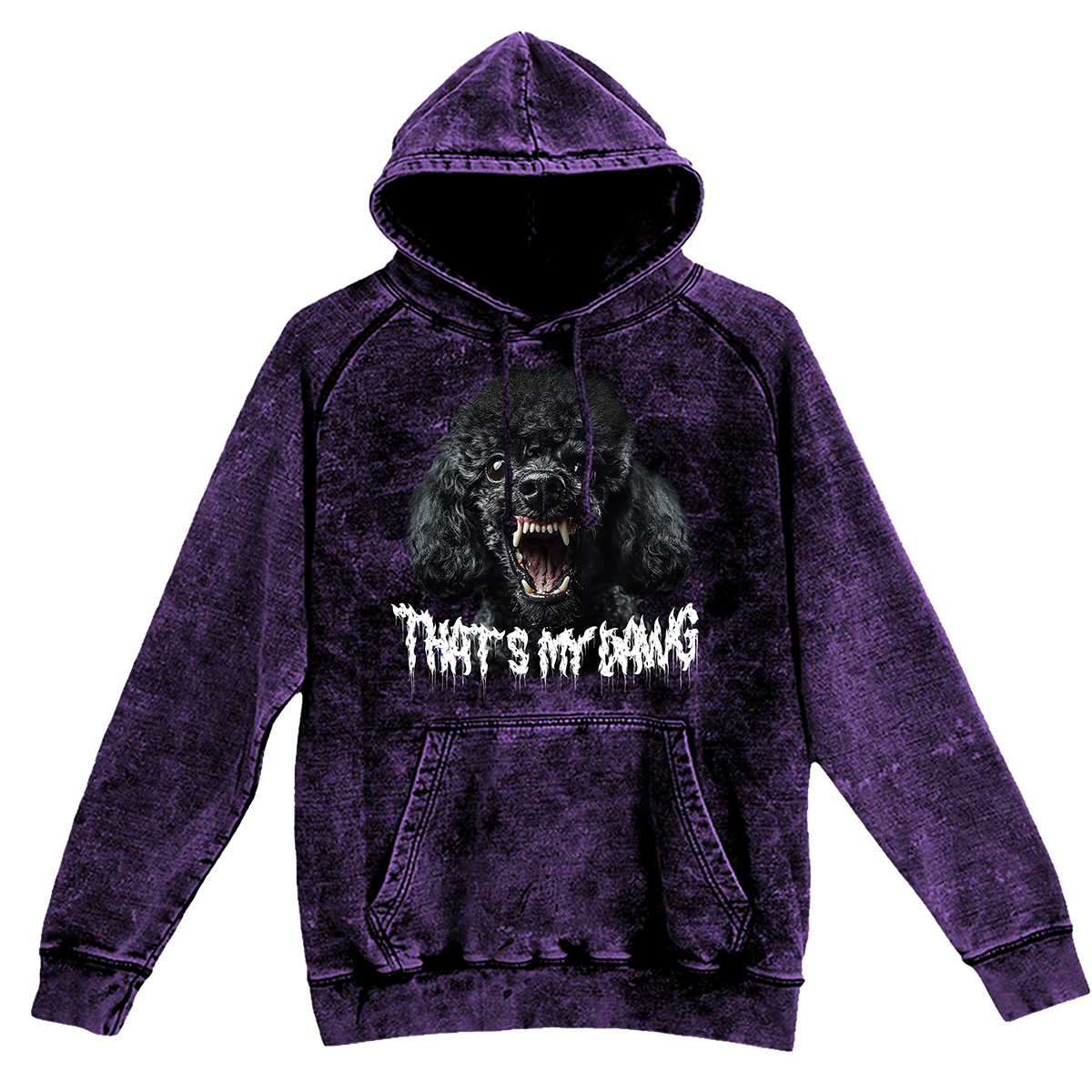 a purple hoodie with a picture of a black dog on it