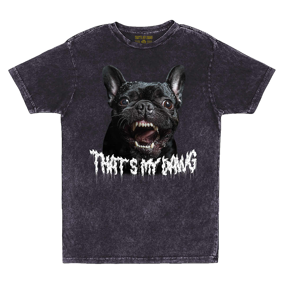 a black t - shirt with a picture of a dog that says that's