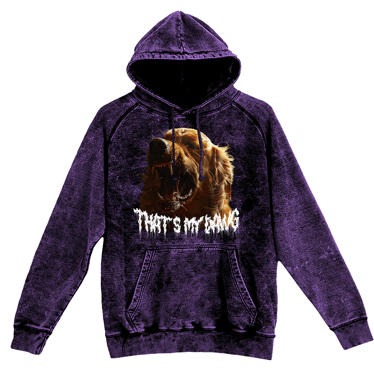a purple hoodie with a picture of a dog on it