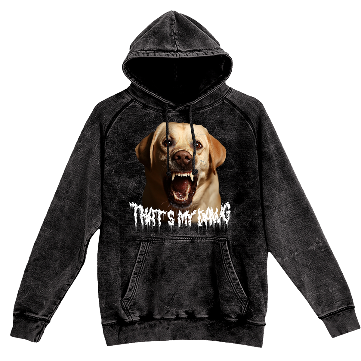 a black hoodie with a picture of a dog on it