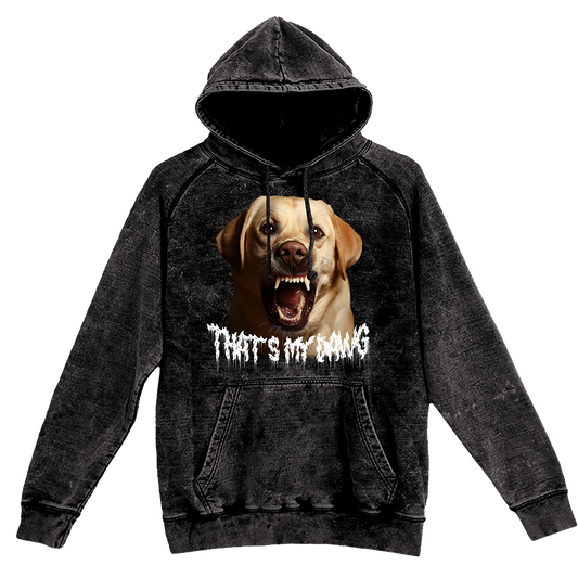a black hoodie with a picture of a dog on it