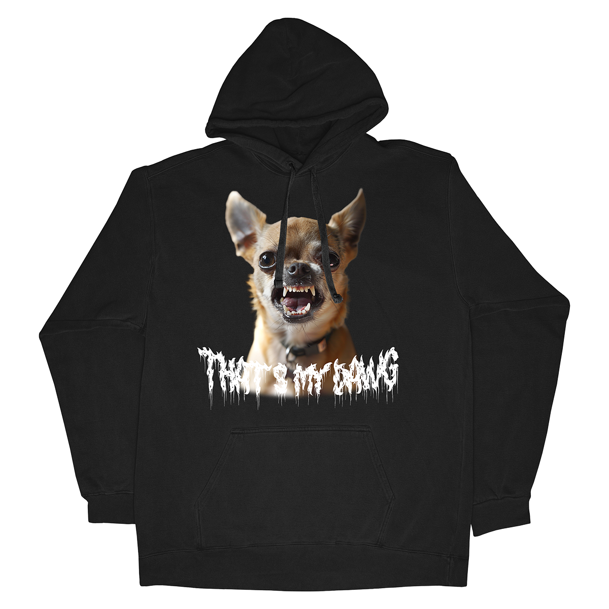 a black hoodie with a picture of a dog on it