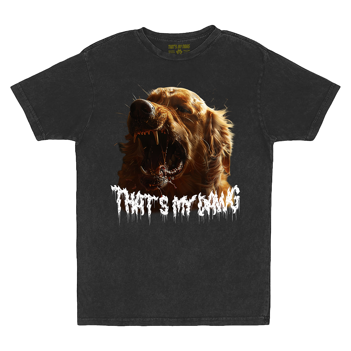 a black t - shirt with an image of a dog's mouth