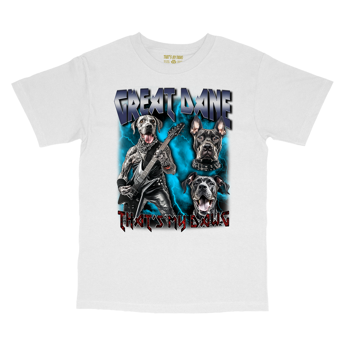 a white t - shirt with three dogs on it