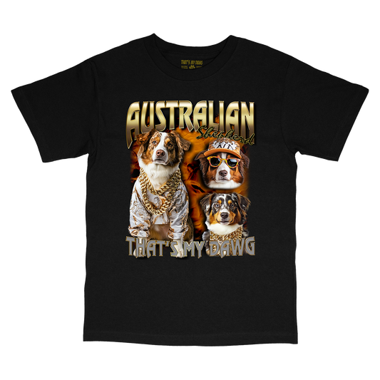 a black t - shirt with two dogs wearing gold chains