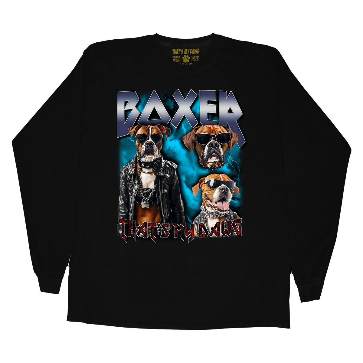 a black shirt with two dogs wearing leather jackets