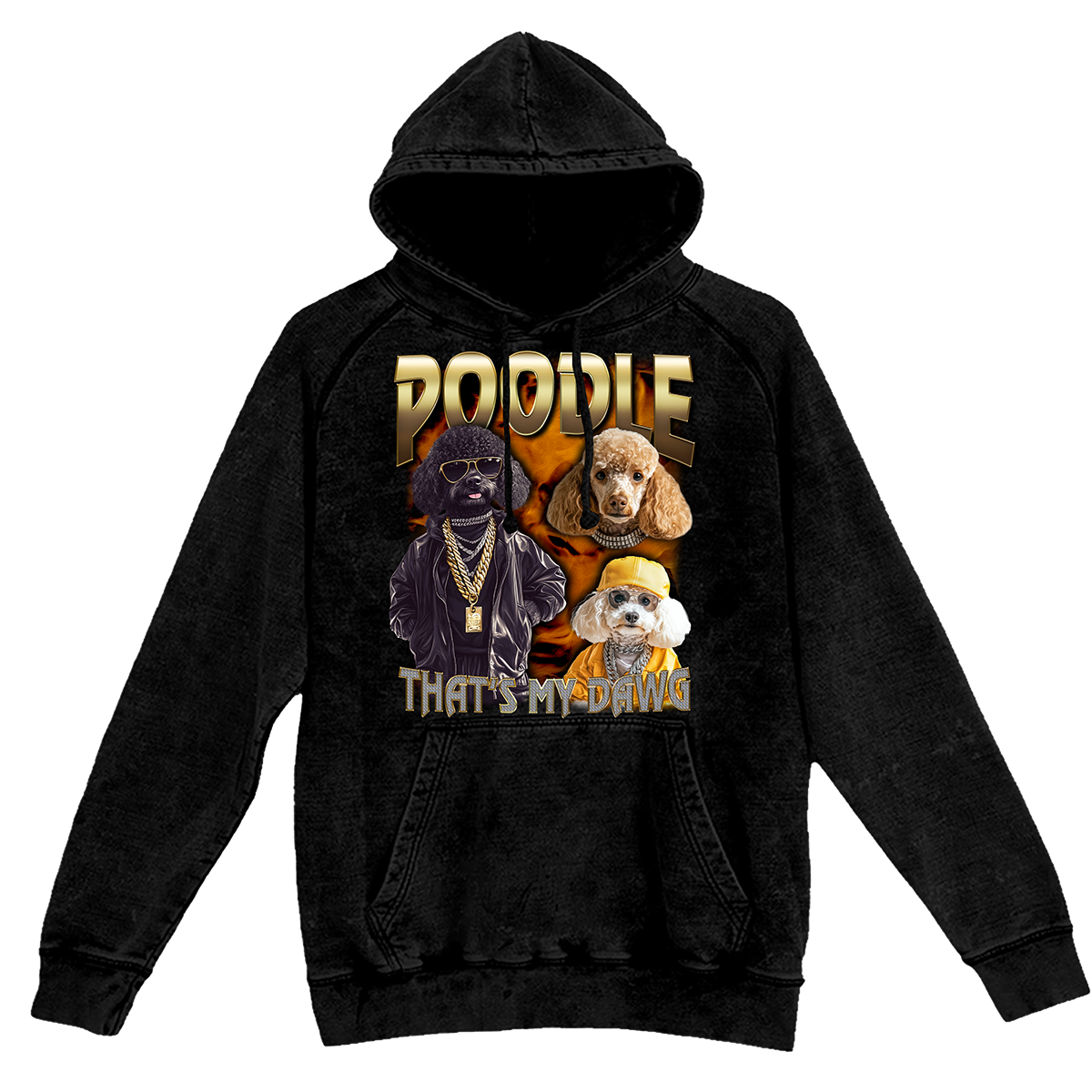 a black hoodie with a picture of dogs on it