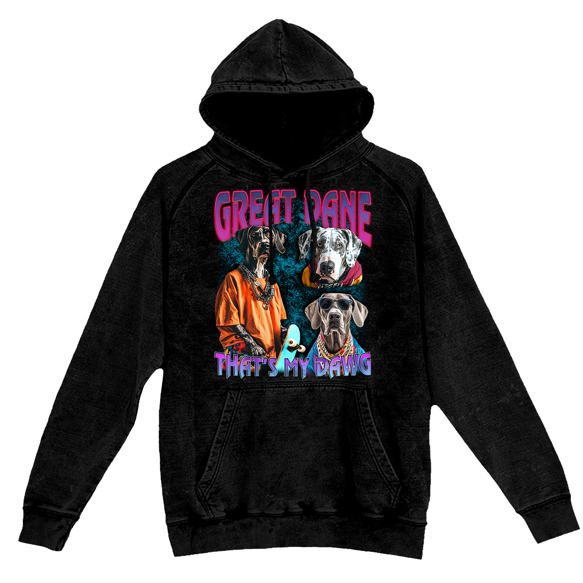 a black hoodie with three dogs on it