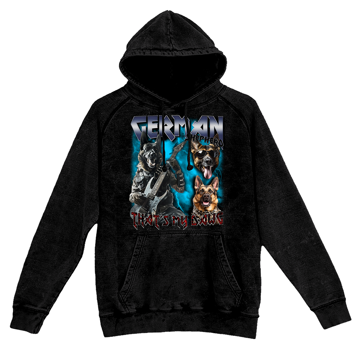 a black hoodie with two dogs on it