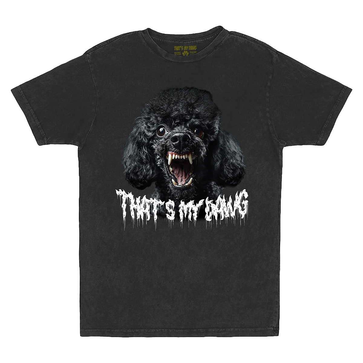 a black t - shirt with an image of a dog's face