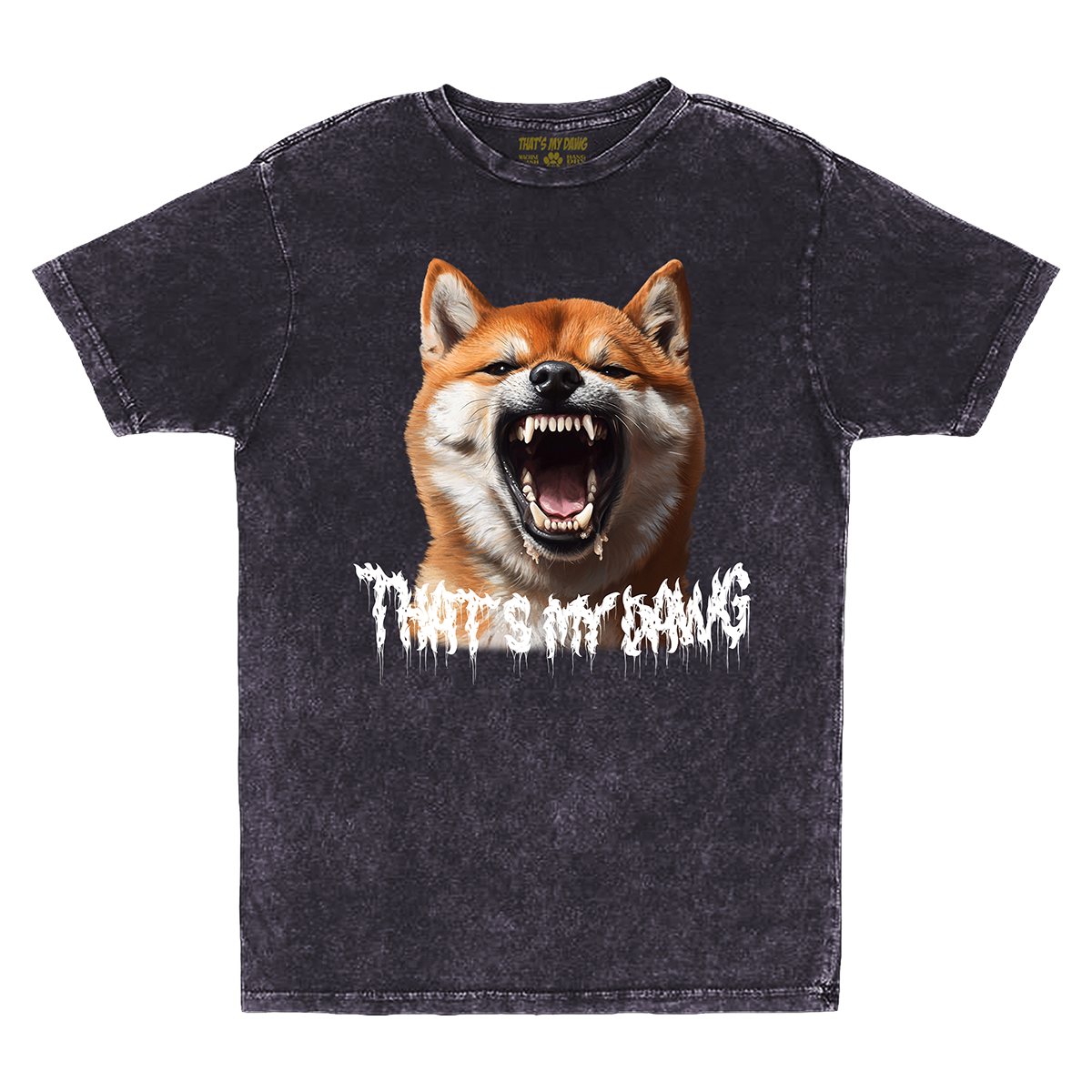 a t - shirt with an image of a dog with its mouth open
