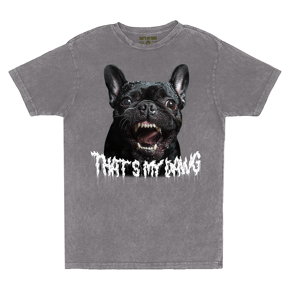 a gray shirt with a black dog on it