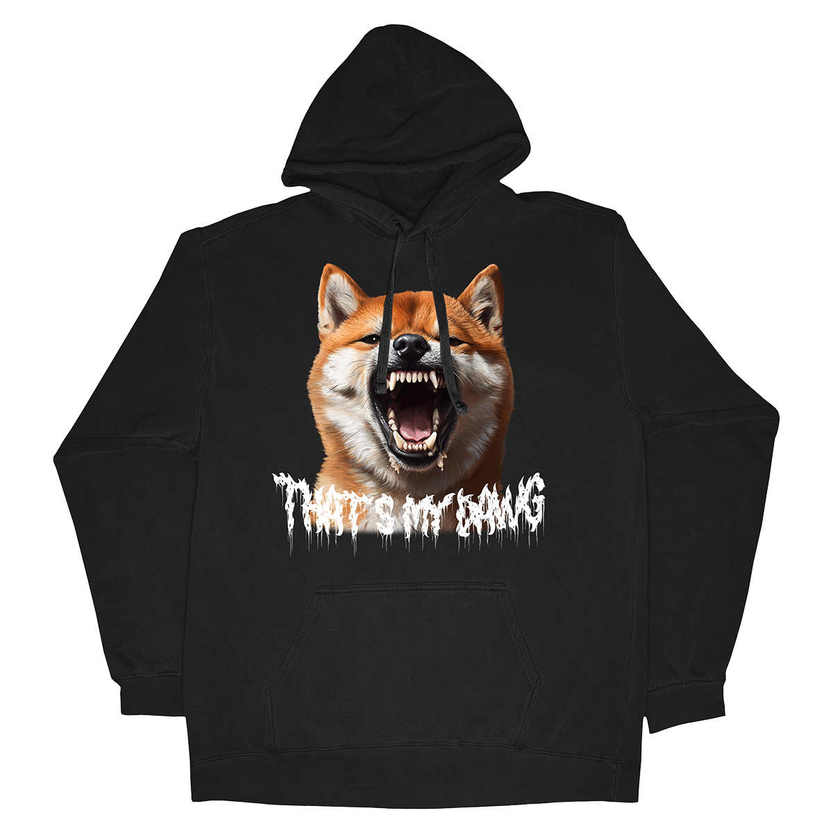 a black hoodie with a picture of a dog with its mouth open
