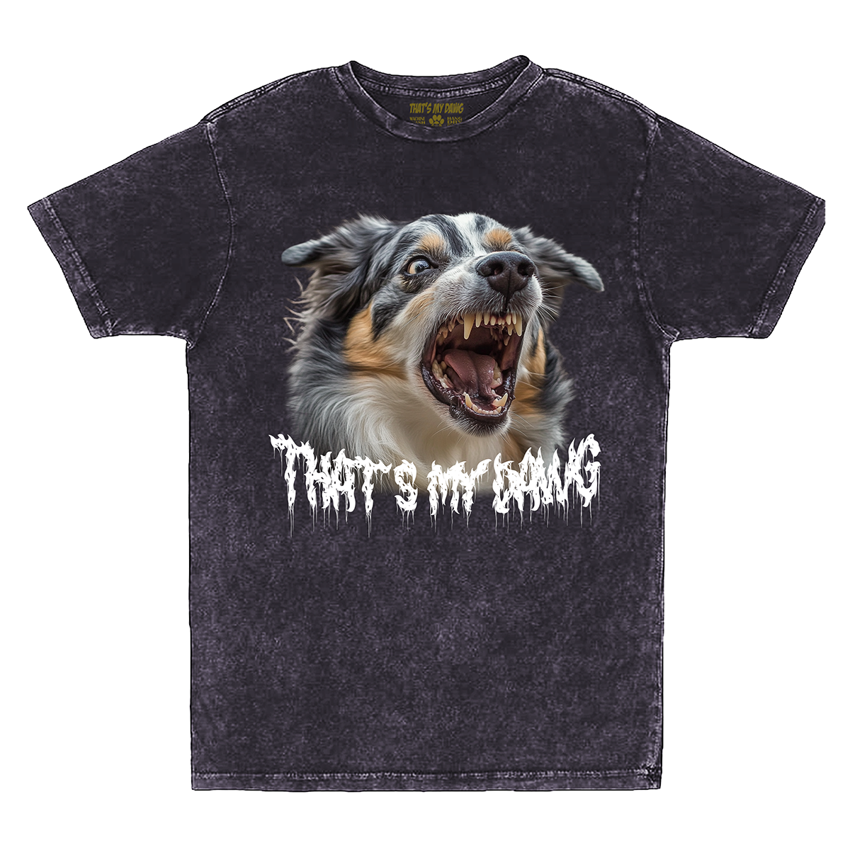 a t - shirt with a picture of a dog with its mouth open