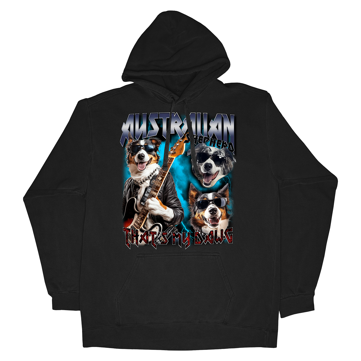 a black sweatshirt with two dogs playing guitars