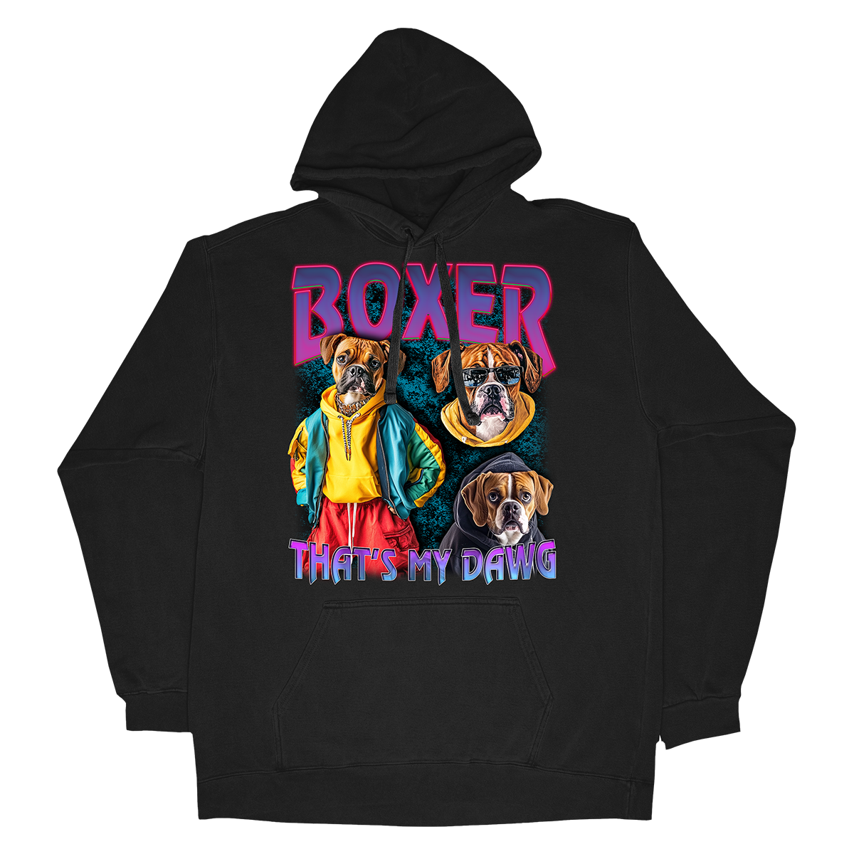 a black hoodie with two boxers on it