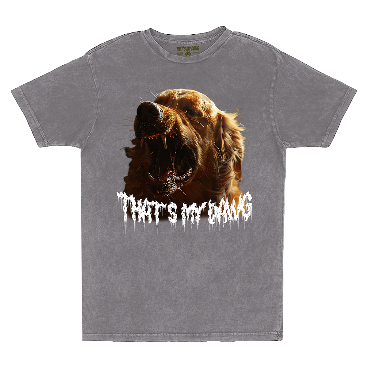 a gray t - shirt with a picture of a dog on it
