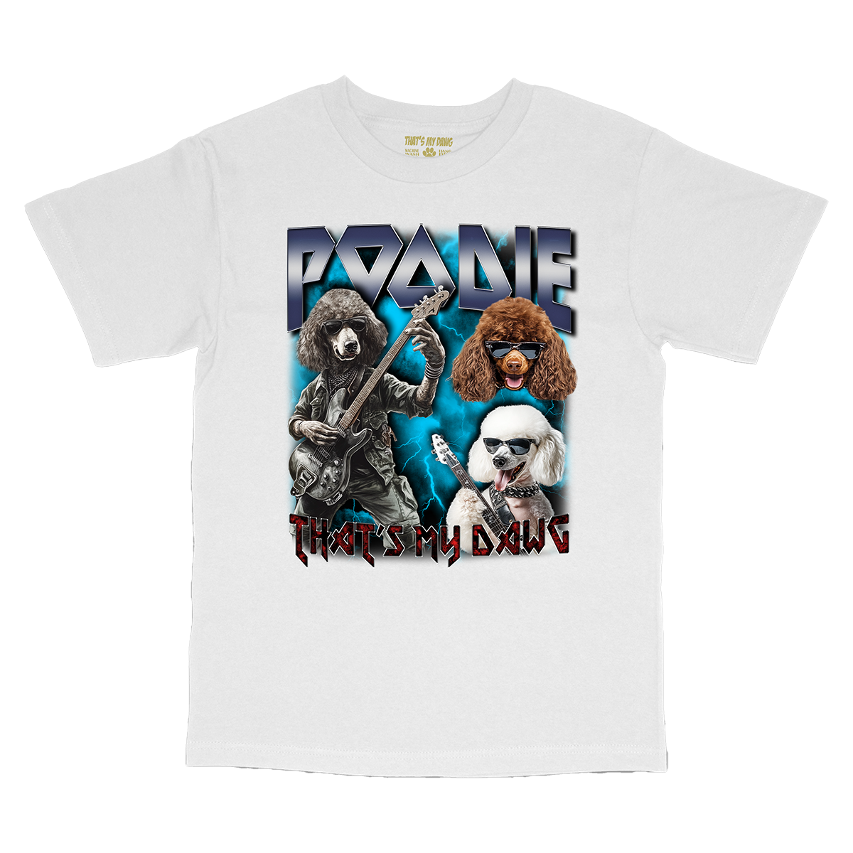 a white t - shirt with a picture of a dog and a man with a