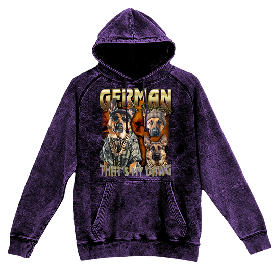 a purple hoodie with a picture of german shepherds on it